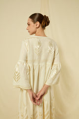 DRESS MIDI FEATHER BELL SLEEVE - NATURAL/CHAMPAGNE