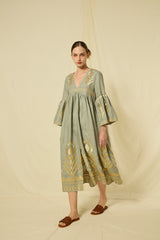 DRESS MIDI FEATHER BELL SLEEVE - STONE/GOLD