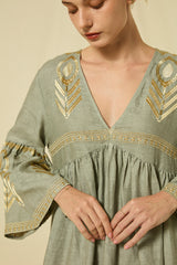 DRESS MIDI FEATHER BELL SLEEVE - STONE/GOLD