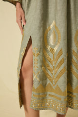 DRESS MIDI FEATHER BELL SLEEVE - STONE/GOLD