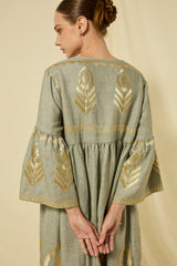 DRESS MIDI FEATHER BELL SLEEVE - STONE/GOLD