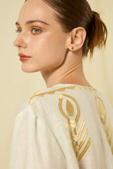 DRESS MIDI FEATHER BELL SLEEVE - WHITE/GOLD