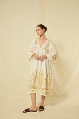 DRESS MIDI FEATHER BELL SLEEVE - WHITE/GOLD