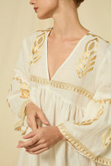 DRESS MIDI FEATHER BELL SLEEVE - WHITE/GOLD