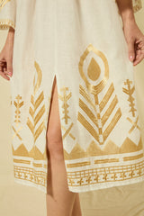 DRESS MIDI FEATHER BELL SLEEVE - WHITE/GOLD