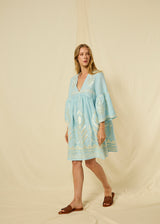 DRESS SHORT FEATHER BELL SLEEVE - CIEL/CHAMPAGNE