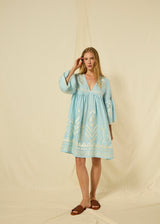 DRESS SHORT FEATHER BELL SLEEVE - CIEL/CHAMPAGNE