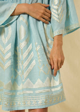 DRESS SHORT FEATHER BELL SLEEVE - CIEL/CHAMPAGNE