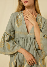 DRESS SHORT FEATHER BELL SLEEVE - STONE/GOLD