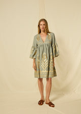 DRESS SHORT FEATHER BELL SLEEVE - STONE/GOLD