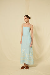 DRESS LONG FEATHER CROSS STRAPS - CIEL/CHAMPAGNE