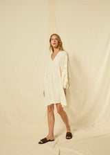 DRESS MINI FEATHER V NECK L/S - NATURAL/CHAMPAGNE