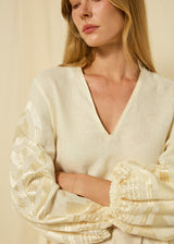 DRESS MINI FEATHER V NECK L/S - NATURAL/CHAMPAGNE