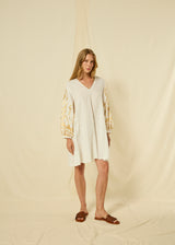 DRESS MINI FEATHER V NECK L/S - WHITE/GOLD