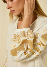 DRESS MINI FEATHER V NECK L/S - WHITE/GOLD
