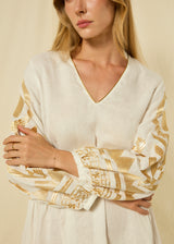 DRESS MINI FEATHER V NECK L/S - WHITE/GOLD