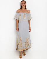 DRESS LONG FEATHER STRAPLESS - LIGHT GREY/
GOLD