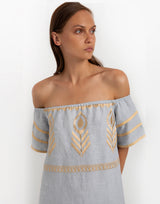 DRESS LONG FEATHER STRAPLESS - LIGHT GREY/
GOLD