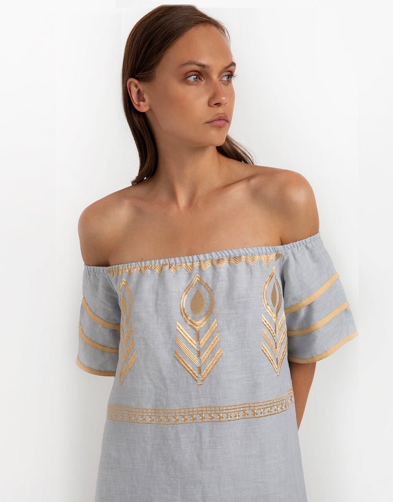 DRESS LONG FEATHER STRAPLESS - LIGHT GREY/
GOLD