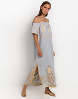 DRESS LONG FEATHER STRAPLESS - LIGHT GREY/
GOLD