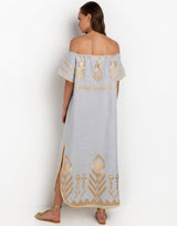 DRESS LONG FEATHER STRAPLESS - LIGHT GREY/
GOLD