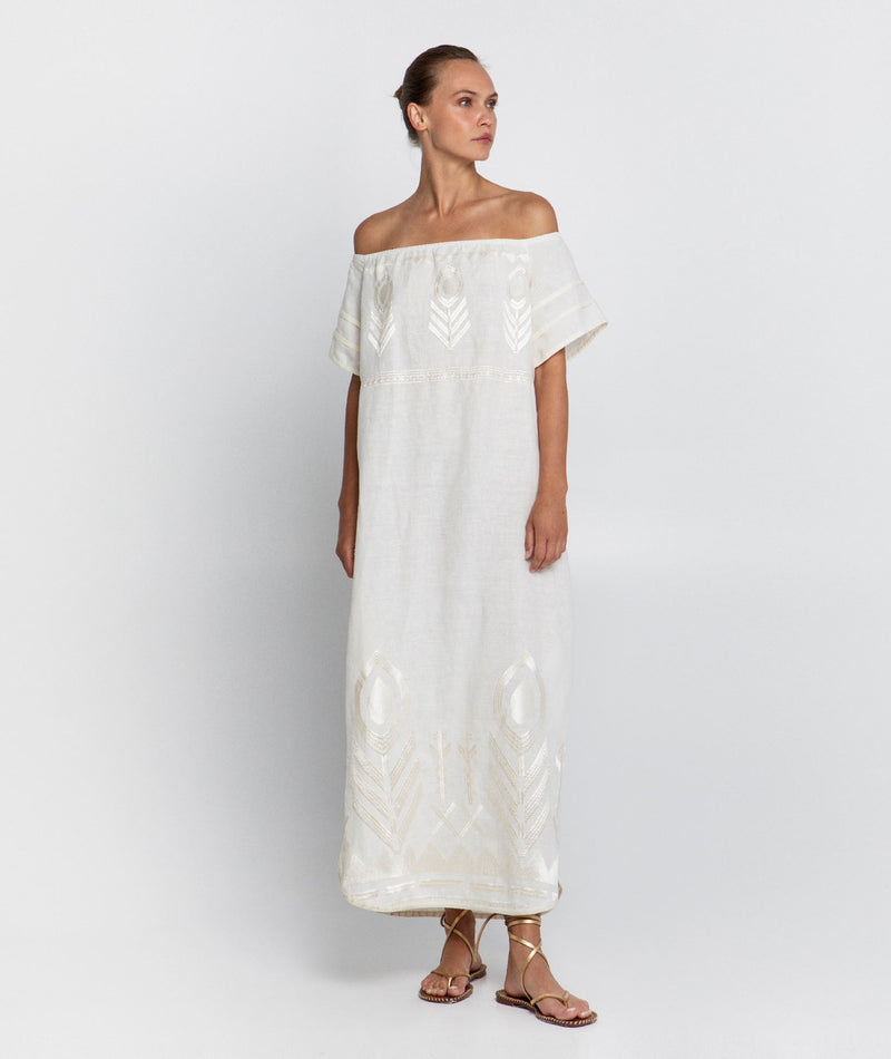 DRESS LONG FEATHER STRAPLESS - NATURAL/CHAMPAGNE