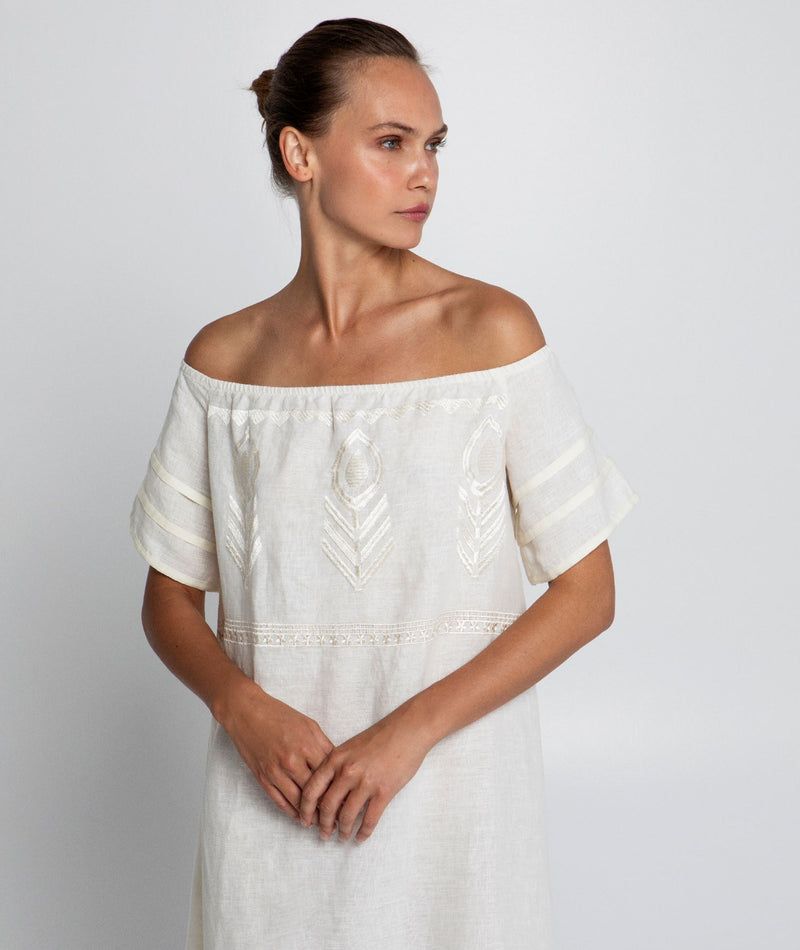 DRESS LONG FEATHER STRAPLESS - NATURAL/CHAMPAGNE