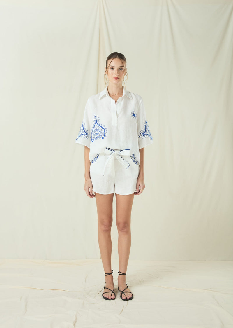 BLOUSE PITHARION COLLAR - WHITE/ROYAL BLUE ECRU