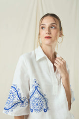 BLOUSE PITHARION COLLAR - WHITE/ROYAL BLUE ECRU