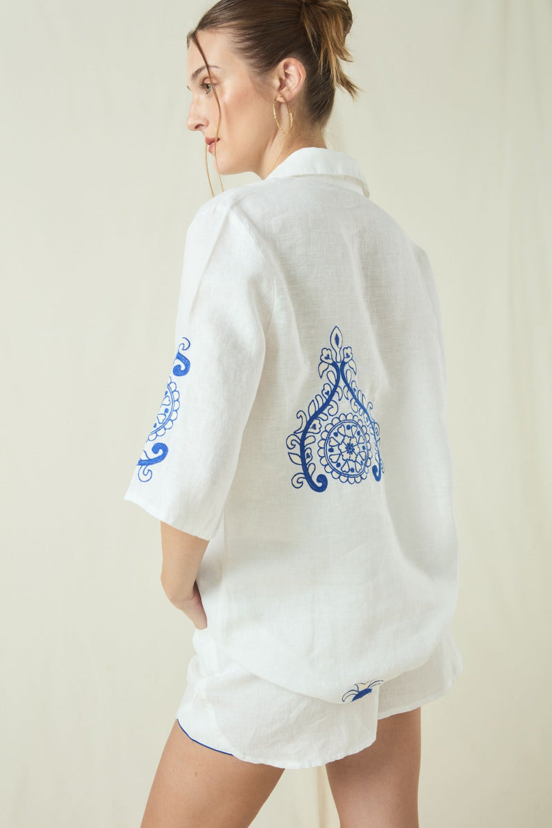 BLOUSE PITHARION COLLAR - WHITE/ROYAL BLUE ECRU