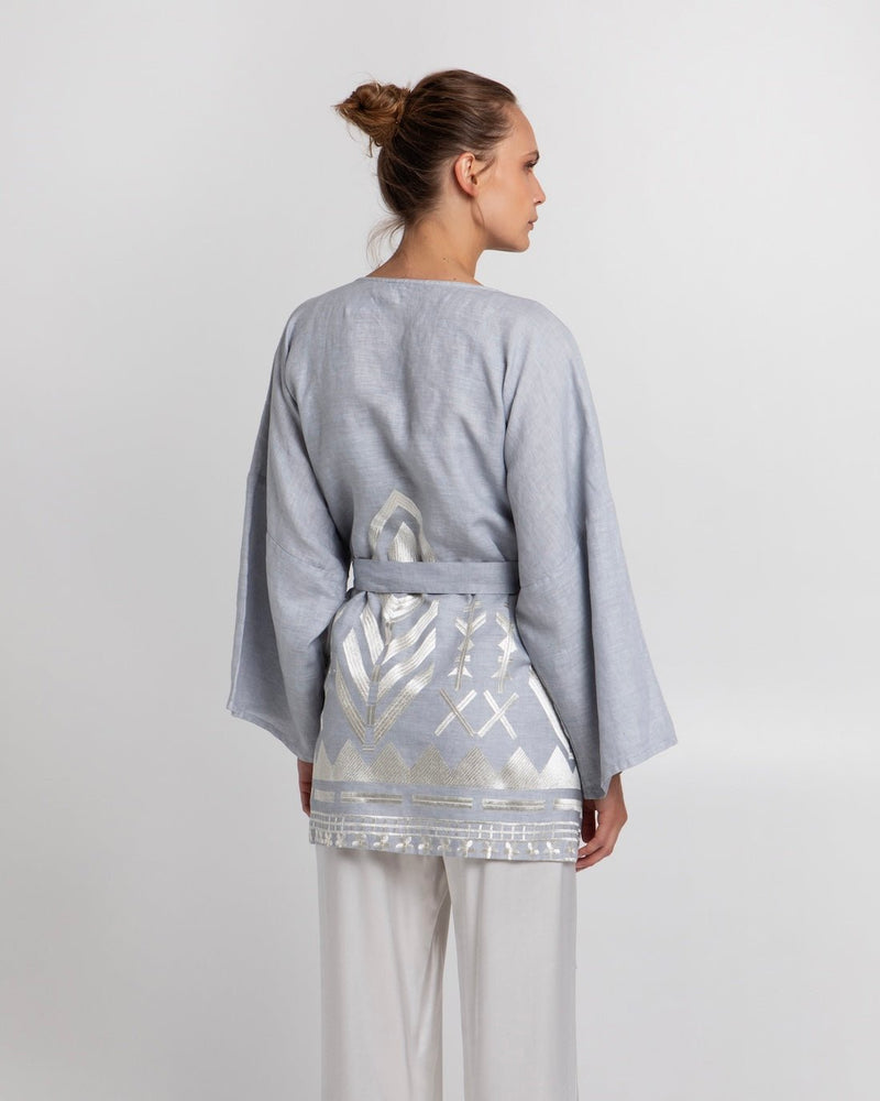 KIMONO SHORT FEATHER BELT- LIGHT GREY/CHAMPAGNE