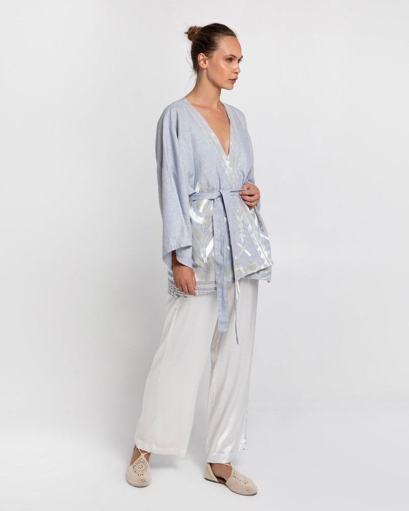 KIMONO SHORT FEATHER BELT- LIGHT GREY/CHAMPAGNE