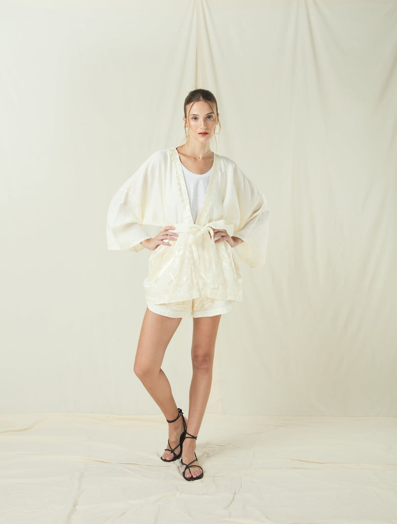 KIMONO SHORT FEATHER BELT- LIGHT NATURAL/CHAMPAGNE