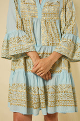 DRESS SHORT CLASSIC TRIANGLE RUFFLES  - CIEL/GOLD