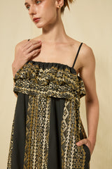 DRESS MAXI CLASSIC TRIANGLE STRAPLESS RUFFLES - BLACK/GOLD
