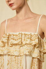 DRESS MAXI CLASSIC TRIANGLE STRAPLESS RUFFLES - WHITE/GOLD