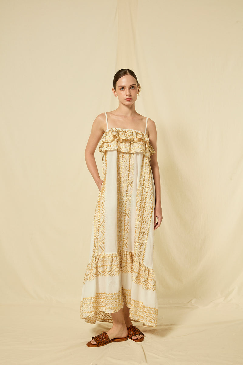 DRESS MAXI CLASSIC TRIANGLE STRAPLESS RUFFLES - WHITE/GOLD – ANOTHER STORY