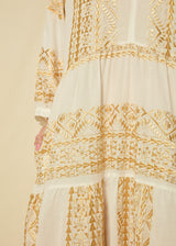 DRESS MAXI CLASSIC TRIANGLE BALLOON SLEEVES - WHITE/GOLD