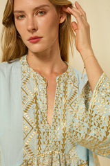 DRESS MINI CLASSIC TRIANGLE BELL SLEEVE - CIEL/GOLD