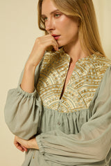 SHIRT NEW TRIANGLE L/S BUTTON LOOPS - STONE/GOLD