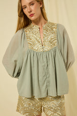 SHIRT NEW TRIANGLE L/S BUTTON LOOPS - STONE/GOLD