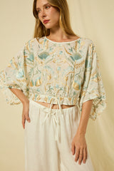 BLOUSE BLOSSOM DRAWSTRING L/S - WHITE/MULT