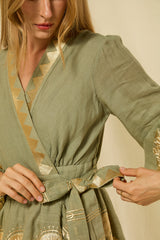 DRESS MINI PAPYRUS WRAP L/S - SAGE/GOLD