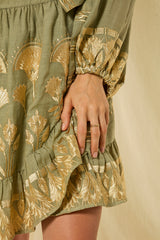 DRESS MINI PAPYRUS WRAP L/S - SAGE/GOLD