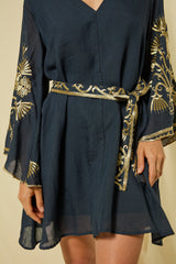 DRESS MINI CRETE BELL SLEEVE  - NAVY/GOLD