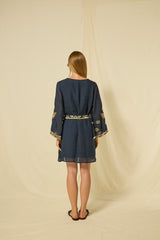 DRESS MINI CRETE BELL SLEEVE  - NAVY/GOLD