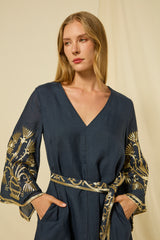 DRESS MINI CRETE BELL SLEEVE  - NAVY/GOLD