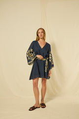 DRESS MINI CRETE BELL SLEEVE  - NAVY/GOLD