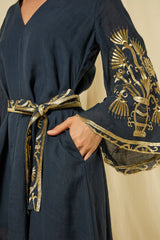 DRESS MINI CRETE BELL SLEEVE  - NAVY/GOLD