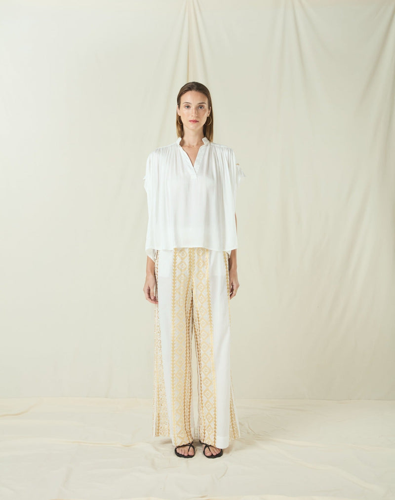 BLOUSE ROOTS SLEEVELESS GATHERINGS - WHITE/GOLD